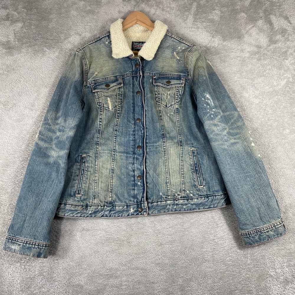 Y2K Polo Jeans Ralph Lauren Denim Jacket Womens XL Sherpa Lined Distressed 2000s